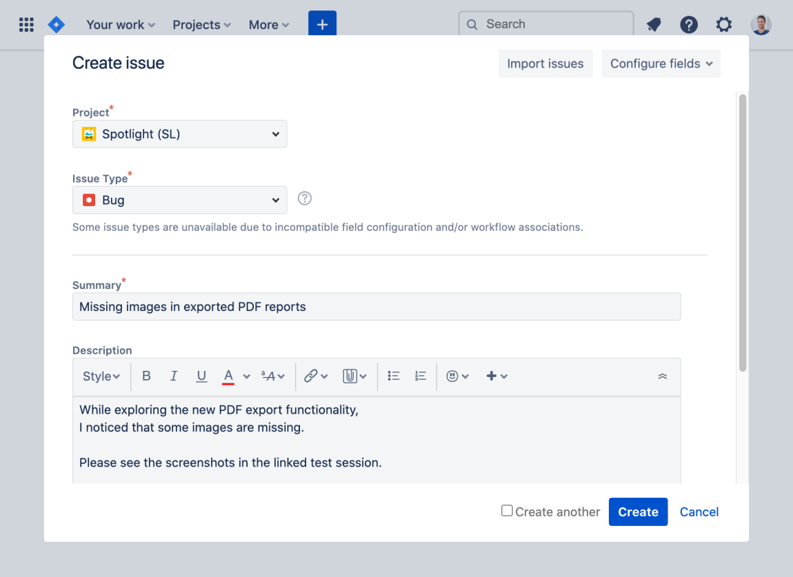 Push Jira issue from test management