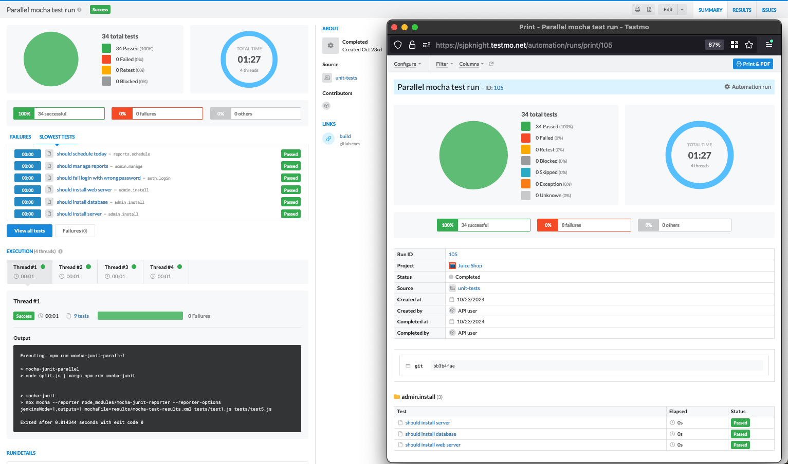 Drilling down to a specific automated test run in Testmo