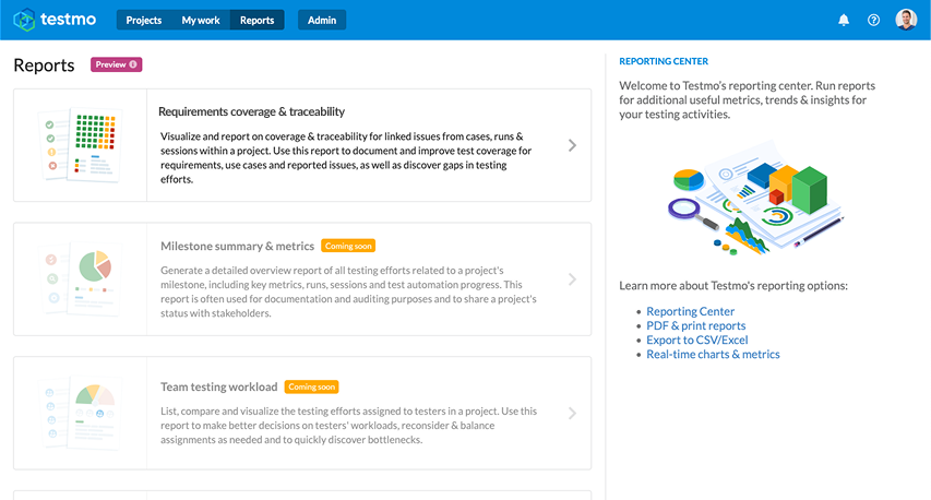 Announcing the New Testmo Reporting Center – Unlock Powerful Insights from Your Testing! - Reporting Center 1 1